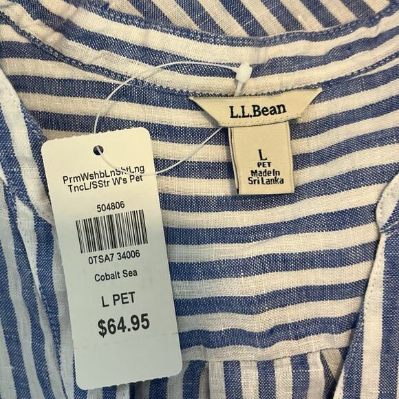LL Bean 100% Linen Striped V Neck Pullover Tunic Top Size LP Blue Nautical NWT - Picture 5 of 7